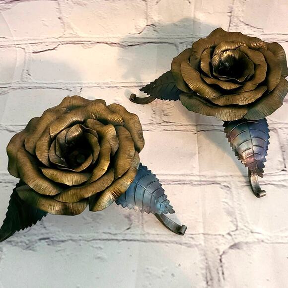 Artist Signed Vintage Handcrafted Brass Flower Candle Holders Set of 2 - Picture 2 of 8